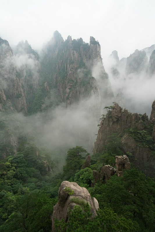 a foggy mountain range with trees and rocks mount huangshan china