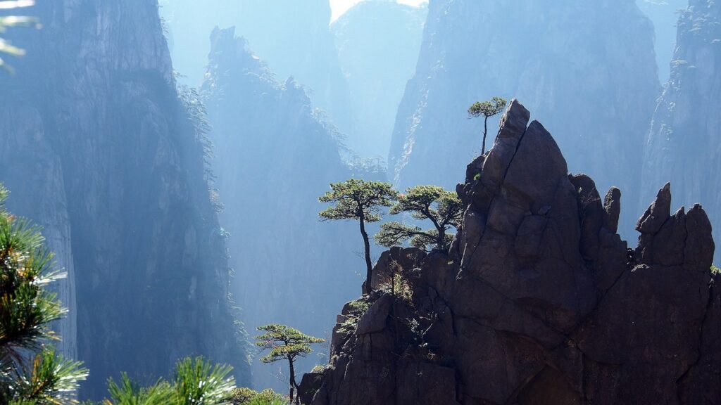 a rocky mountain with trees growing on it mount huangshan china