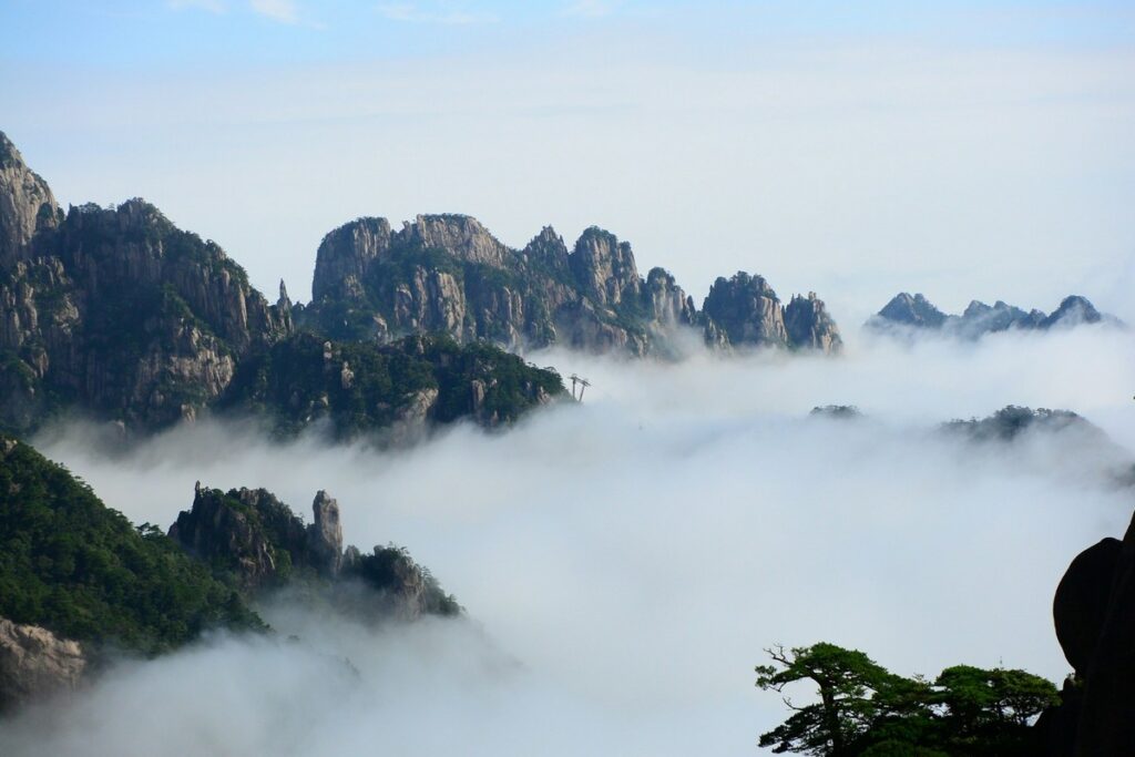 Huangshan range with fog yellow mountain hike china